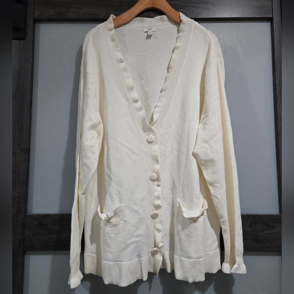J.Jill Sweater Cardigan Cream Off White Ruffle Boyfriend Sweater 1X